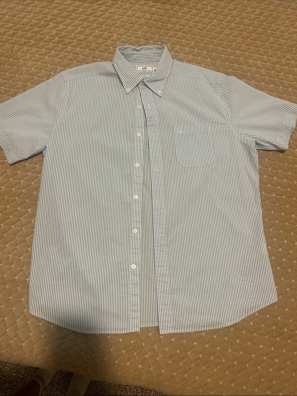Short-Sleeve Blue Striped Seer Sucker Button-Down Shirt